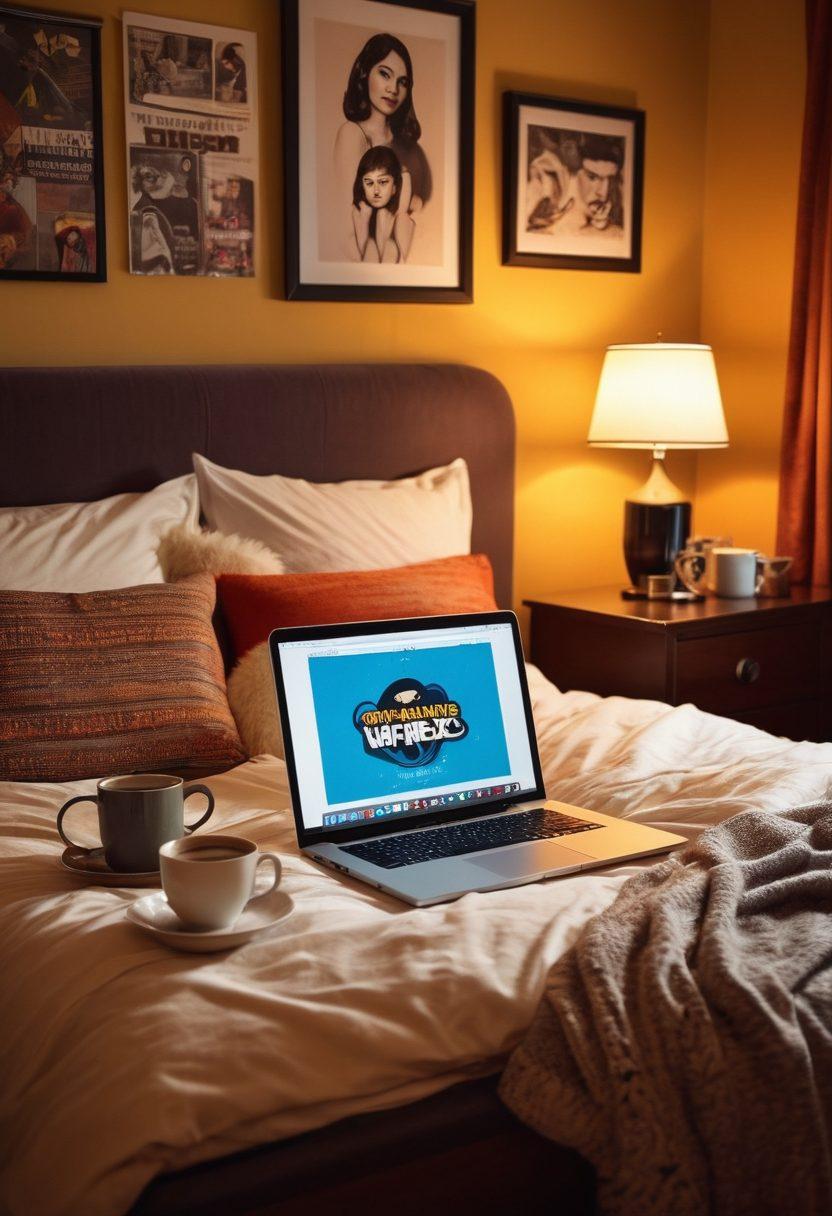 A cozy bedroom setting with a stylish laptop open to a vibrant blog showcasing pop culture icons and relationship advice. Include soft lighting, fluffy pillows, and quirky decor items like posters and comics. A steaming cup of coffee rests on the bedside table, symbolizing comfort and creativity. The background suggests a blend of modern and retro styles to reflect the twist in perspective. super-realistic. vibrant colors. cozy atmosphere.