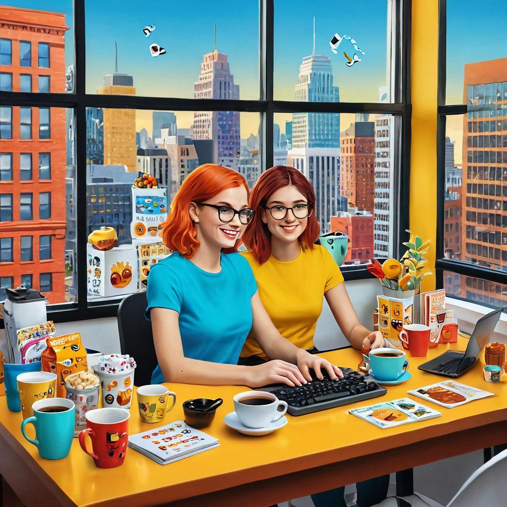 A vibrant cartoon-style scene depicting a quirky blogger typing at a colorful desk filled with coffee mugs and spicy snacks, surrounded by floating emojis representing humor, relationships, and pop culture icons. A large window shows a lively cityscape outside. The atmosphere radiates joy and creativity, inviting readers into a fun blogging experience. cartoon art. bright colors. dynamic composition.