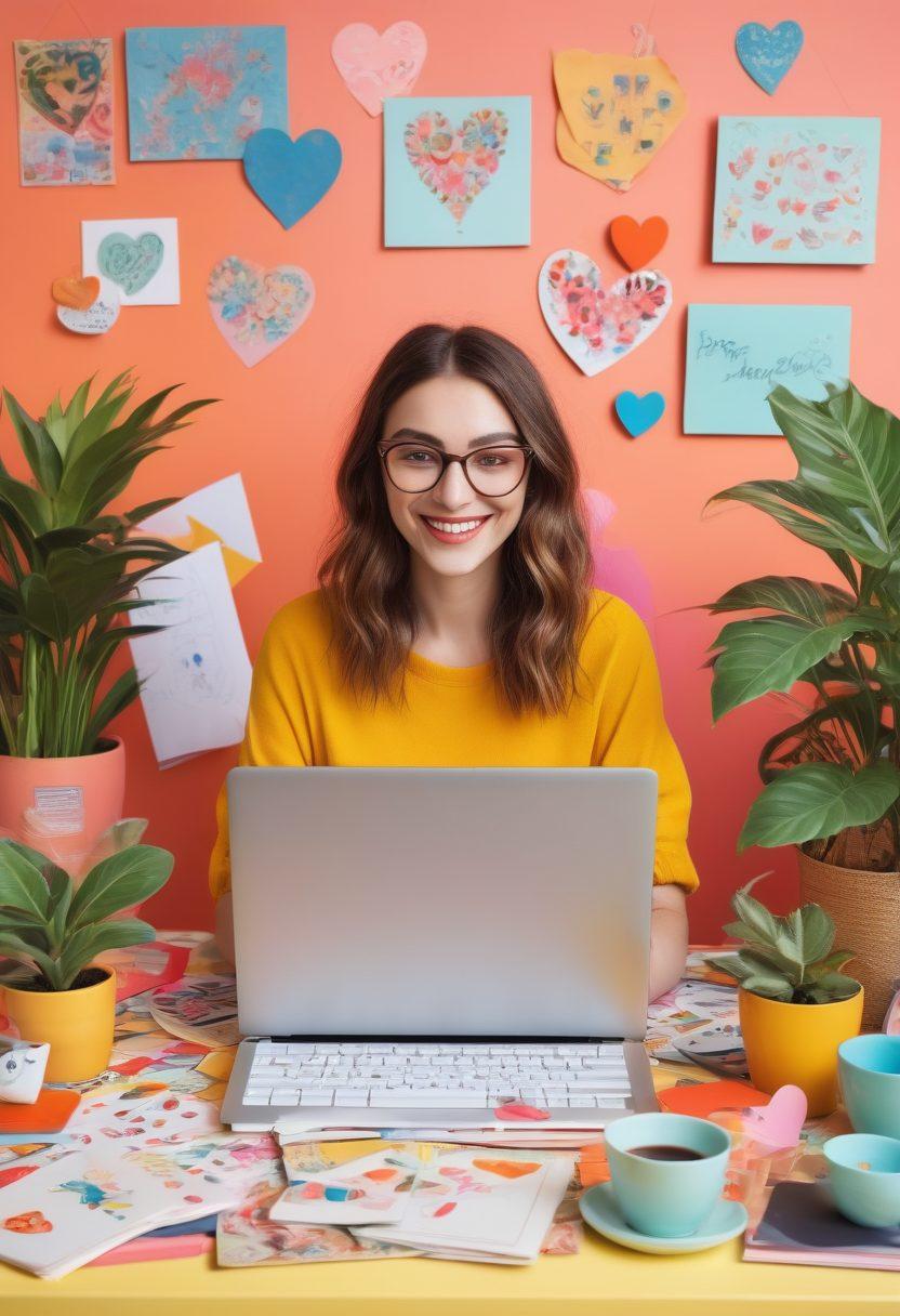 A whimsical collage depicting a cheerful blogger at a brightly colored desk, surrounded by whimsical illustrations of hearts, laughter symbols, and playful lifestyle elements. The blogger is typing on a laptop, with funny quotes floating around, and a lush plant in the background. The overall atmosphere is light-hearted and vibrant, inviting the viewer into a world of humor and personal connection. 3D. vibrant colors. playful style.
